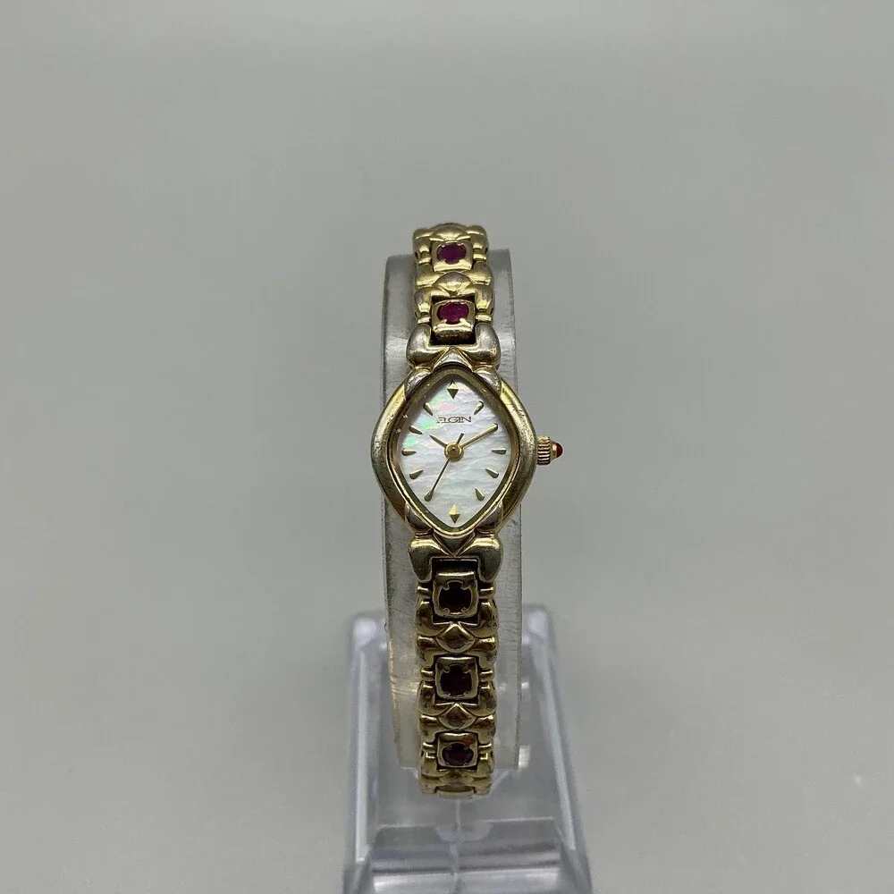 Elgin Ruby Womens Watch 17mm MOP Dial Gold Tone Bracelet New Battery 7.5